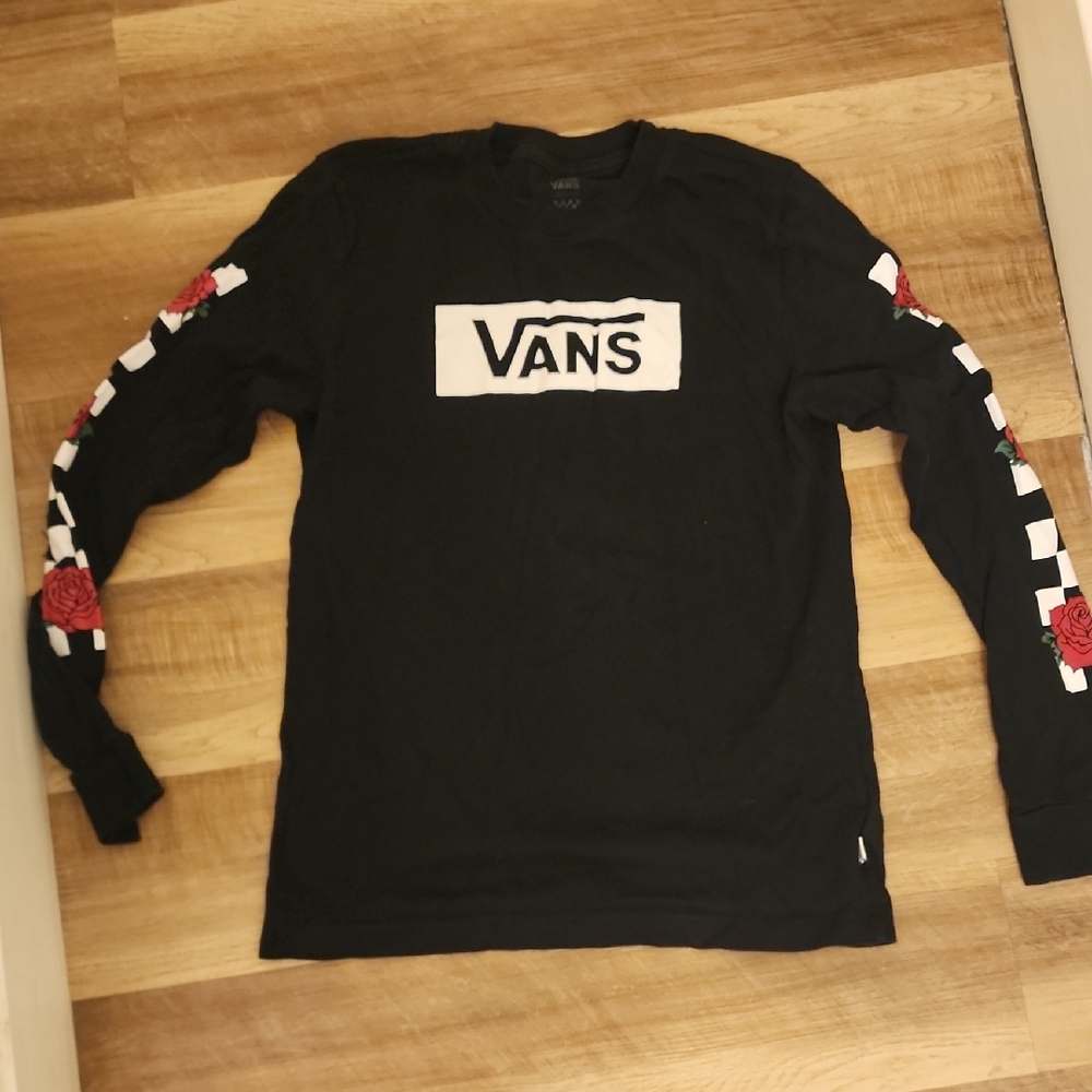 Vans Rose Checkerboard Black Long Sleeve Graphic Tee Unisex Streetwear - Picture 3 of 6